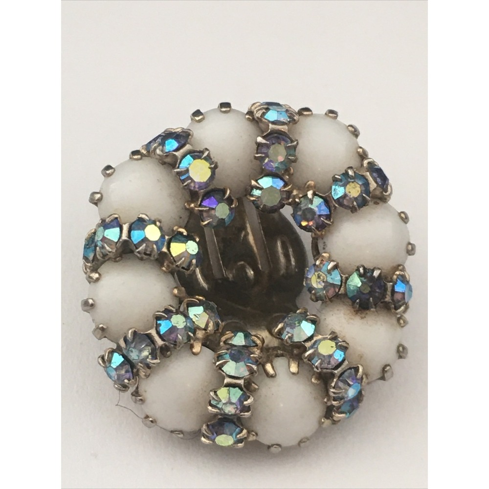 Vintage WEISS  milk glass turquoise rainbow rhinestone clip earrings